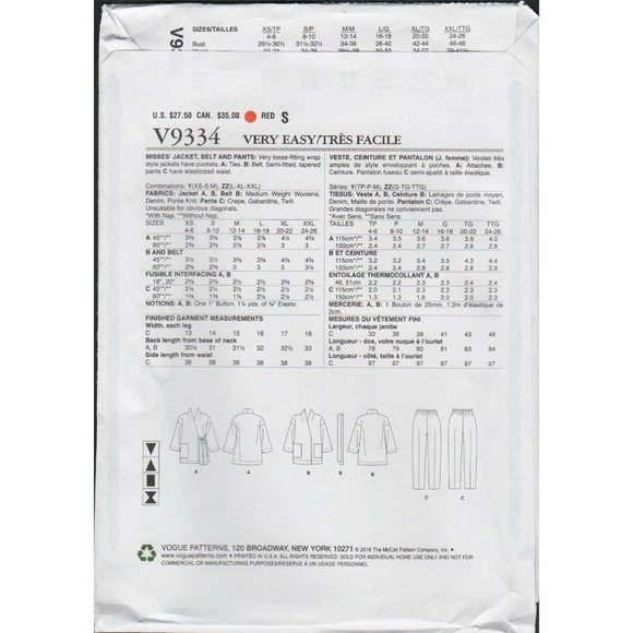 Very Easy Vogue 9334 Loose Bathrobe Jacket, Wrap Jacket, Tapered Pants Pattern - Picture 2 of 3